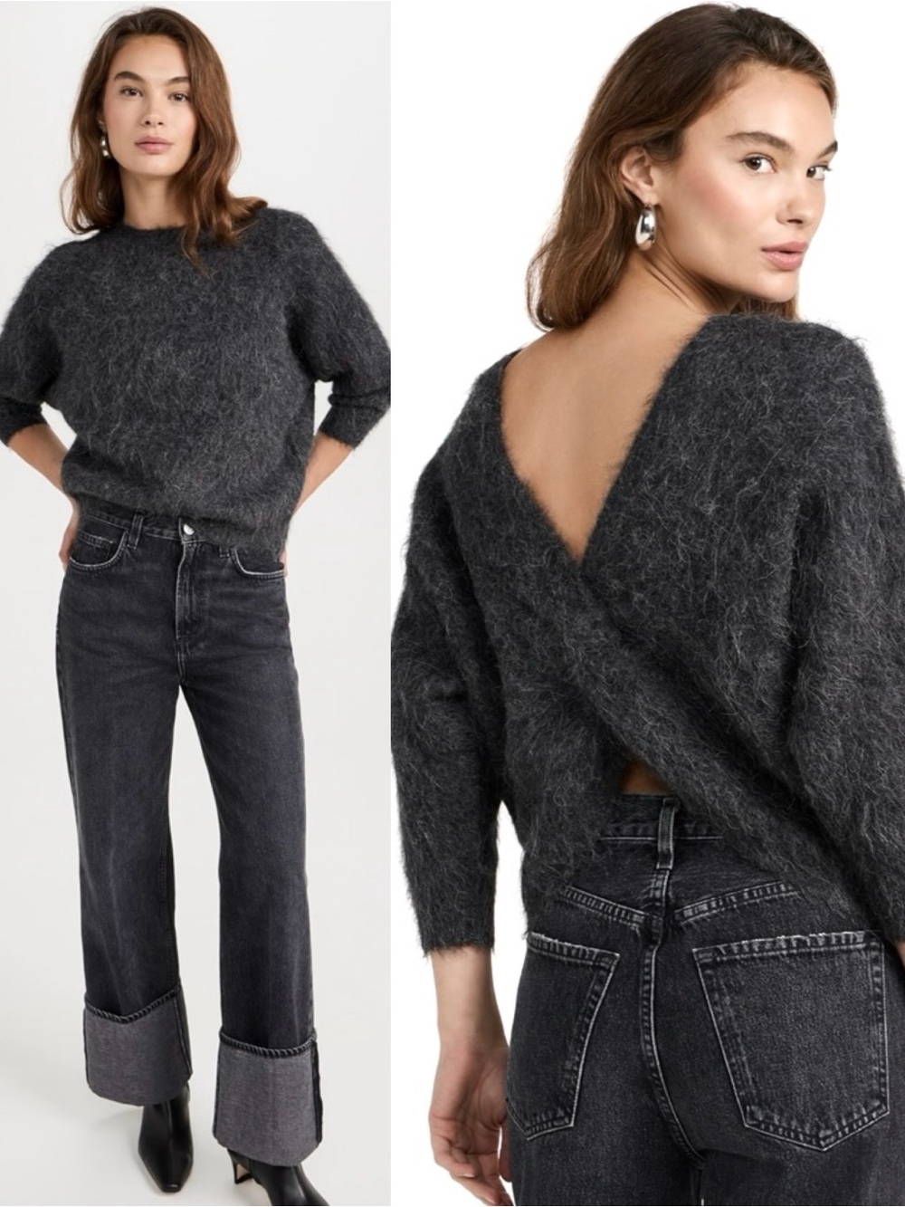 ba&sh Crossback Love Knot Twist Back Alpaca Blend Sweater Dark Grey Size Small